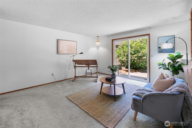 14210 NE 63rd Ct, Redmond, WA 98052 - living room featuring carpet, a textured ceiling, and baseboards