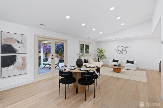 7118 177th St SW, Edmonds, WA 98026 - dining room featuring french doors, recessed lighting, light wood-type flooring, vaulted ceiling, and baseboards