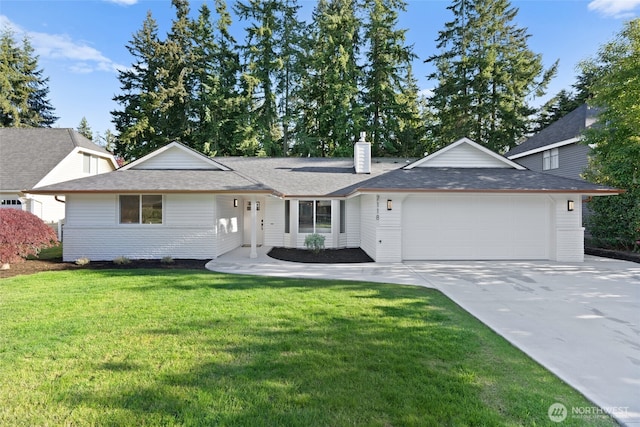 7118 177th St SW, Edmonds, WA 98026 - ranch-style house with an attached garage, a chimney, driveway, a front lawn, and roof with shingles