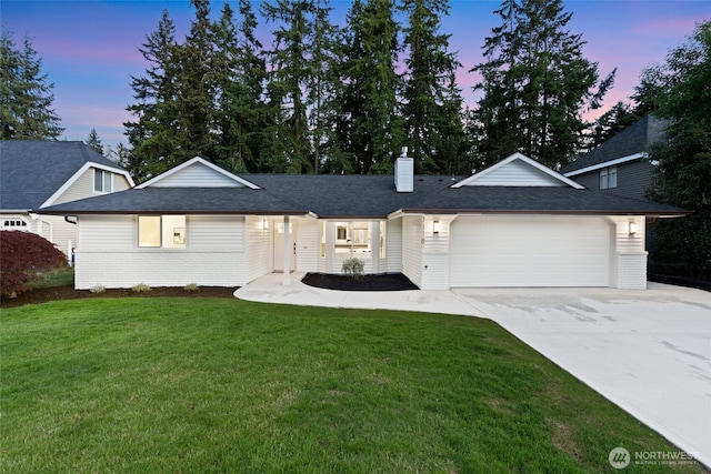 7118 177th St SW, Edmonds, WA 98026 - single story home featuring a garage, a chimney, driveway, and a lawn