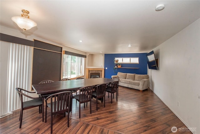 19011 89th Ave E, Puyallup, WA 98375 - dining room featuring a tile fireplace, wood finished floors, and recessed lighting