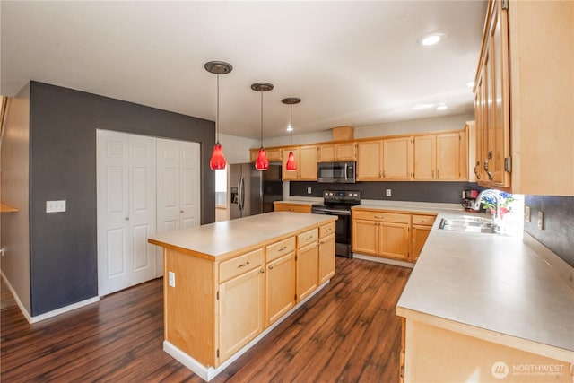 19011 89th Ave E, Puyallup, WA 98375 - kitchen featuring appliances with stainless steel finishes, a sink, light brown cabinets, dark wood-style floors, and recessed lighting