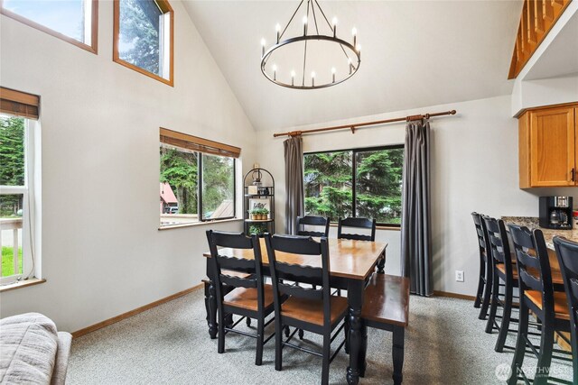 1051 Yellowstone, Snoqualmie Pass, WA 98068 - dining space featuring high vaulted ceiling, a chandelier, healthy amount of natural light, baseboards, and dark carpet