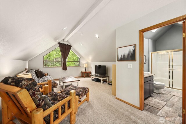 1051 Yellowstone, Snoqualmie Pass, WA 98068 - living area featuring lofted ceiling, light carpet, and baseboards