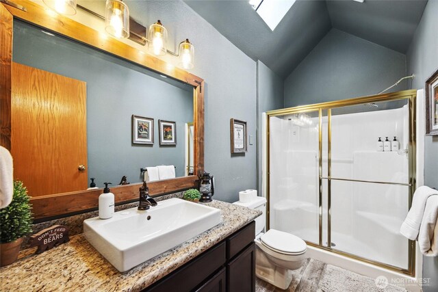 1051 Yellowstone, Snoqualmie Pass, WA 98068 - bathroom with a skylight, a shower stall, vanity, toilet, and vaulted ceiling