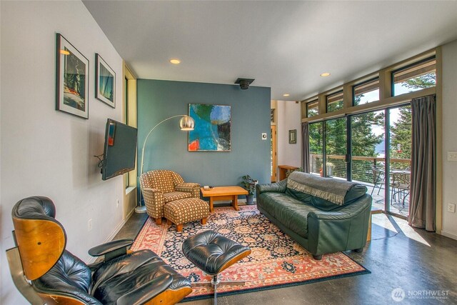 808 Pioneer Hill Rd, Orcas Island, WA 98279 - living room featuring concrete flooring, recessed lighting, and baseboards
