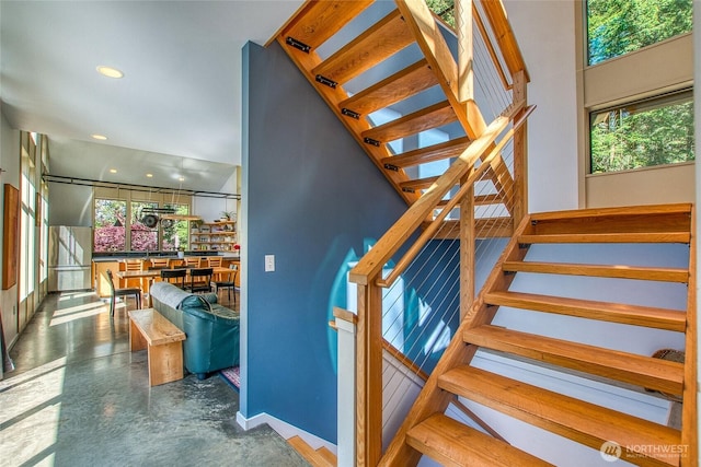 808 Pioneer Hill Rd, Orcas Island, WA 98279 - stairs featuring finished concrete floors and recessed lighting