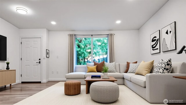 22470 Sunridge Way NE, Poulsbo, WA 98370 - living room featuring light wood finished floors, recessed lighting, and baseboards
