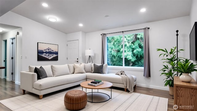 22470 Sunridge Way NE, Poulsbo, WA 98370 - living room with wood finished floors, baseboards, and recessed lighting
