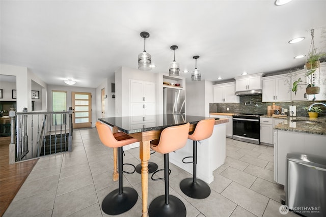 1901 Sleepy Hollow Rd, Wenatchee, WA 98801 - kitchen featuring appliances with stainless steel finishes, a sink, decorative backsplash, white cabinets, and under cabinet range hood