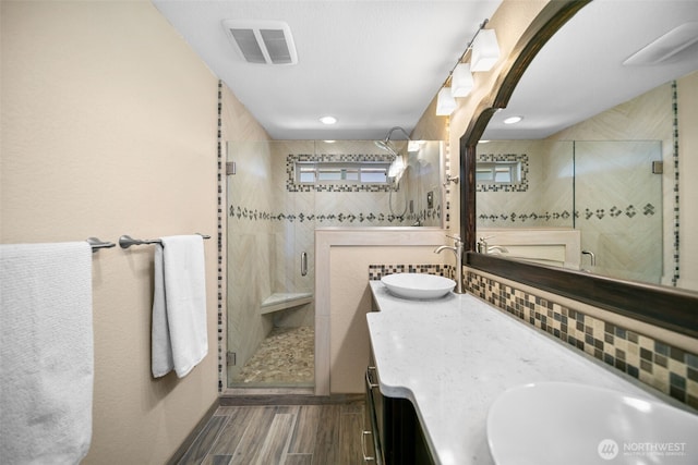 1901 Sleepy Hollow Rd, Wenatchee, WA 98801 - full bath with a stall shower, double vanity, wood finished floors, and recessed lighting