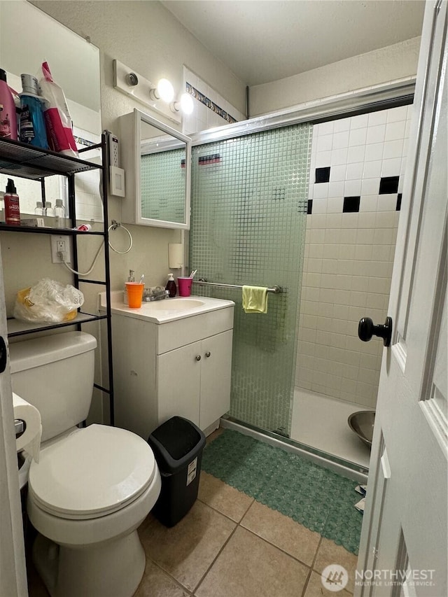 720 S 37th St, Tacoma, WA 98418 - bathroom with vanity, tile patterned floors, a stall shower, and toilet
