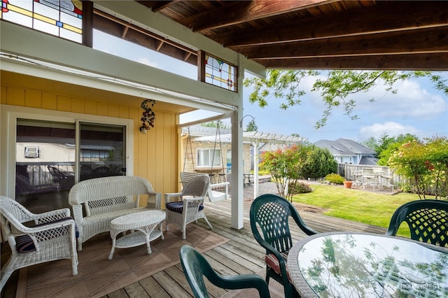 5419 N Court St, Ruston, WA 98407 - wooden terrace featuring a pergola, a yard, and outdoor dining area