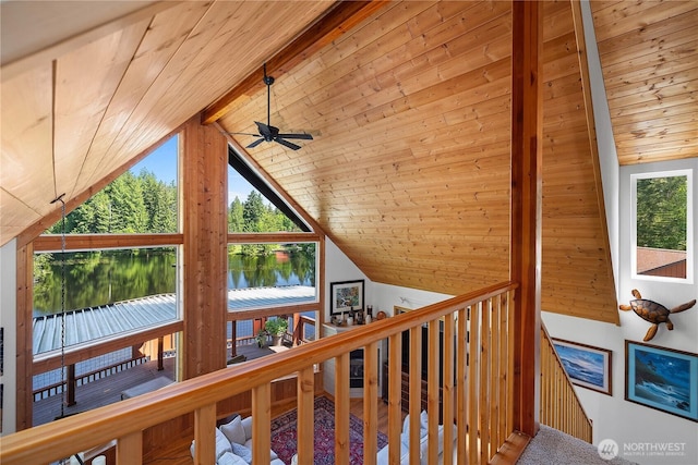 51 E Glamis Ct, Shelton, WA 98584 - detailed view of wood ceiling with exposed beams, a nearby body of water, and ceiling fan