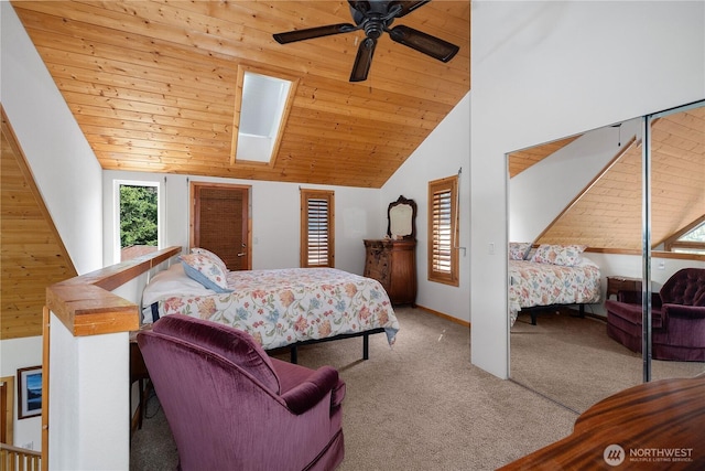 51 E Glamis Ct, Shelton, WA 98584 - bedroom featuring carpet floors, a skylight, wooden ceiling, and high vaulted ceiling