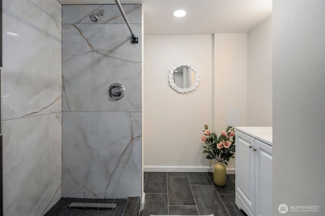 19027 37th Ave S, Seatac, WA 98188 - full bath featuring vanity, a marble finish shower, tile patterned flooring, recessed lighting, and baseboards