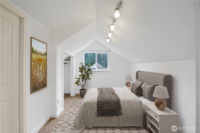 45885 Division St, Concrete, WA 98237 - bedroom featuring rail lighting, lofted ceiling, baseboards, and light colored carpet