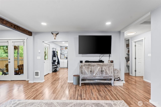 140 Tremont St, Port Orchard, WA 98366 - living room featuring wood finished floors, baseboards, recessed lighting, and french doors
