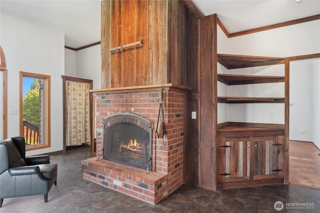 160 Bywater Way, Port Ludlow, WA 98365 - living room with ornamental molding and a brick fireplace