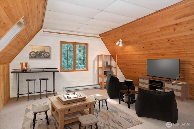 160 Bywater Way, Port Ludlow, WA 98365 - carpeted living area featuring a baseboard heating unit, wooden walls, and lofted ceiling