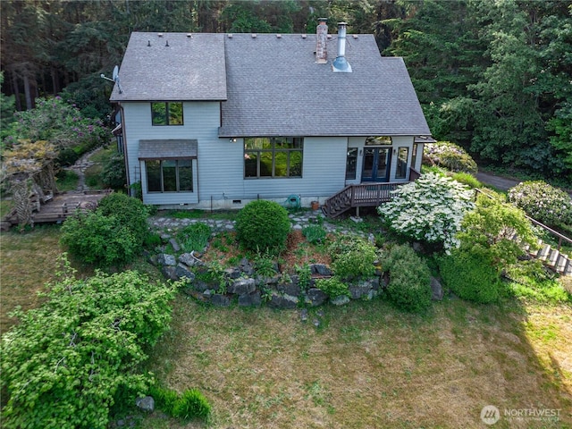 160 Bywater Way, Port Ludlow, WA 98365 - back of house featuring a shingled roof, a wooden deck, a chimney, and stairway