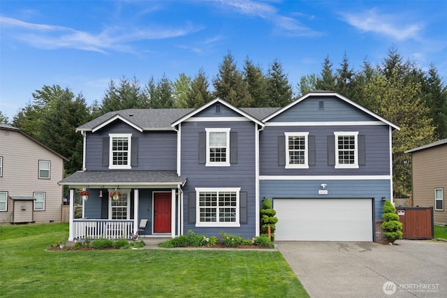 20723 197th Ave E, Orting, WA 98360 - traditional-style house featuring a porch, a garage, driveway, and a front yard