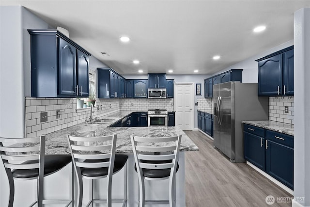 20723 197th Ave E, Orting, WA 98360 - kitchen featuring appliances with stainless steel finishes, a sink, a peninsula, blue cabinets, and backsplash