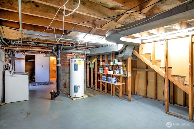 813 E 3rd Ave, Ellensburg, WA 98926 - unfinished basement featuring electric water heater, washer / dryer, and stairway