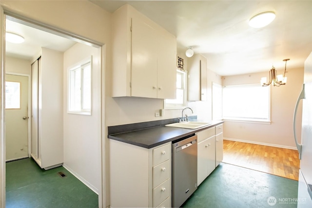 813 E 3rd Ave, Ellensburg, WA 98926 - kitchen featuring dishwasher, a sink, white cabinets, and dark countertops