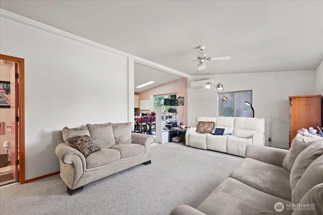 741 Twin Lakes Rd, Cle Elum, WA 98922 - living area featuring carpet flooring, a wall mounted air conditioner, vaulted ceiling, and ceiling fan