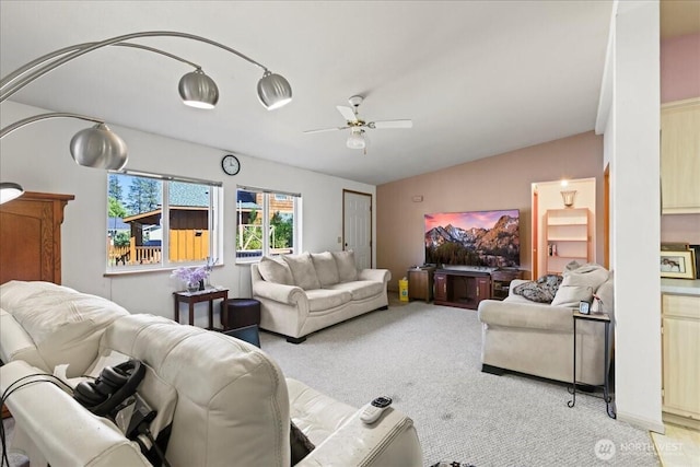 741 Twin Lakes Rd, Cle Elum, WA 98922 - living area featuring a ceiling fan, lofted ceiling, and light carpet