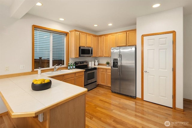 7522 NE 204th Pl, Kenmore, WA 98028 - kitchen featuring appliances with stainless steel finishes, a sink, a peninsula, recessed lighting, and light wood-type flooring