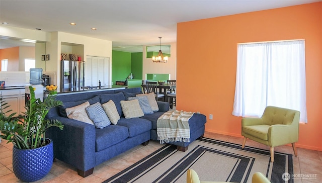 301 Canyon Pl, Wenatchee, WA 98801 - living room featuring a chandelier, plenty of natural light, light tile patterned floors, and recessed lighting