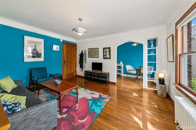 220 W Olympic Pl Unit 309, Seattle, WA 98119 - living room featuring radiator, wood finished floors, and baseboards