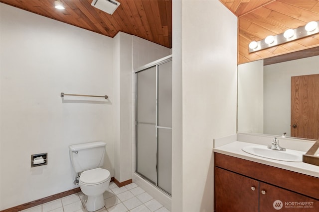 5019 E Mercer Way, Mercer Island, WA 98040 - bathroom featuring toilet, vanity, a stall shower, tile patterned flooring, and wooden ceiling