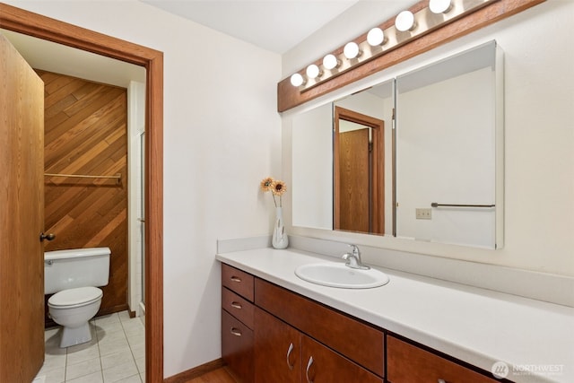 5019 E Mercer Way, Mercer Island, WA 98040 - bathroom featuring vanity, toilet, tile patterned floors, and wooden walls