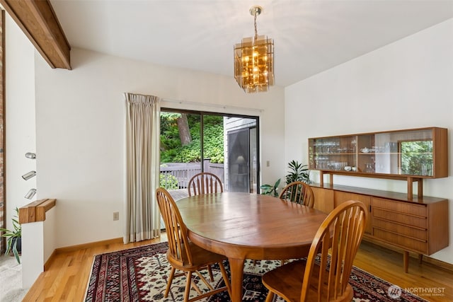 5019 E Mercer Way, Mercer Island, WA 98040 - dining space featuring a chandelier, light wood-style floors, and beam ceiling