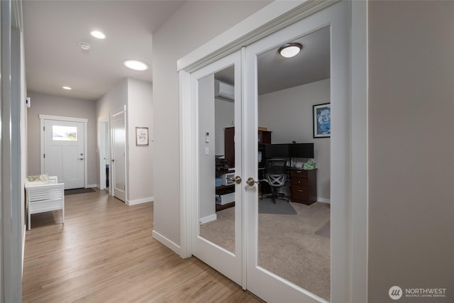 742 Parkland Loop, Sedro Woolley, WA 98284 - hall featuring french doors, a desk, light wood-style flooring, baseboards, and recessed lighting
