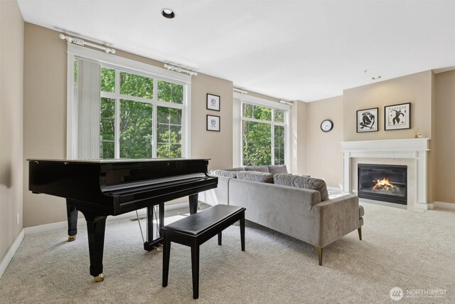 11800 SE 4th Pl Unit 203, Bellevue, WA 98005 - carpeted living area featuring a fireplace with flush hearth and baseboards