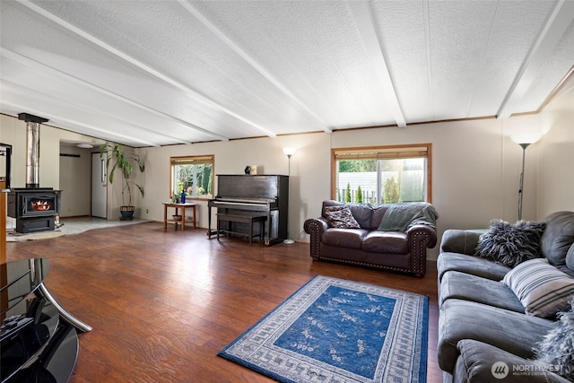 20800 Hartry Ln, Sedro Woolley, WA 98284 - living area with a wood stove, wood finished floors, plenty of natural light, and a textured ceiling