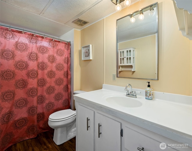 20800 Hartry Ln, Sedro Woolley, WA 98284 - bathroom featuring vanity, toilet, wood finished floors, and a shower with shower curtain