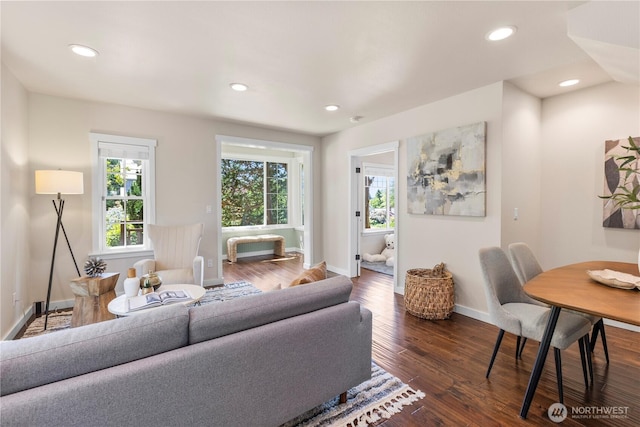 1220 SW Orchard St, Seattle, WA 98106 - living area with baseboards, dark wood-style flooring, and recessed lighting