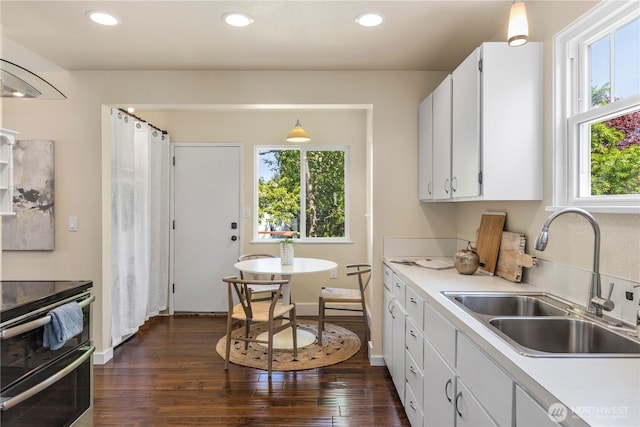 1220 SW Orchard St, Seattle, WA 98106 - kitchen featuring a sink, light countertops, white cabinets, dark wood-style flooring, and recessed lighting