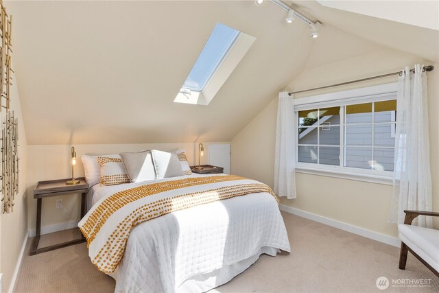 1220 SW Orchard St, Seattle, WA 98106 - bedroom featuring a skylight, light carpet, lofted ceiling, baseboards, and track lighting