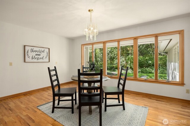 32227 Old Hansville Rd NE, Kingston, WA 98346 - dining area featuring a chandelier, light wood finished floors, and baseboards