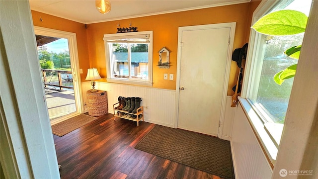4319 H Street Rd, Blaine, WA 98230 - foyer entrance with dark wood-style floors, crown molding, and a wainscoted wall