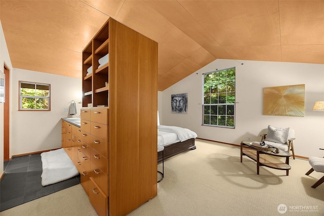 10608 NE 157th St, Bothell, WA 98011 - carpeted bedroom with multiple windows, lofted ceiling, and baseboards
