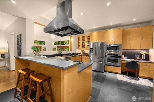 10608 NE 157th St, Bothell, WA 98011 - kitchen featuring stainless steel appliances, island range hood, a peninsula, glass insert cabinets, and a sink