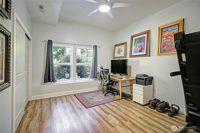 1577 Arrowhead Beach Rd, Camano Island, WA 98282 - office area featuring wood finished floors, a ceiling fan, and baseboards