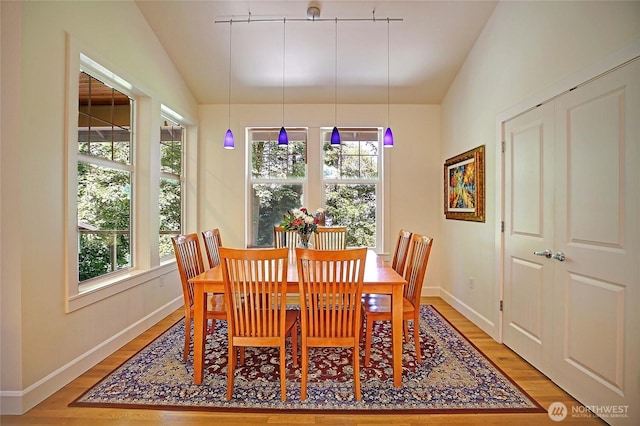 1577 Arrowhead Beach Rd, Camano Island, WA 98282 - dining space with track lighting, light wood-style floors, baseboards, and lofted ceiling